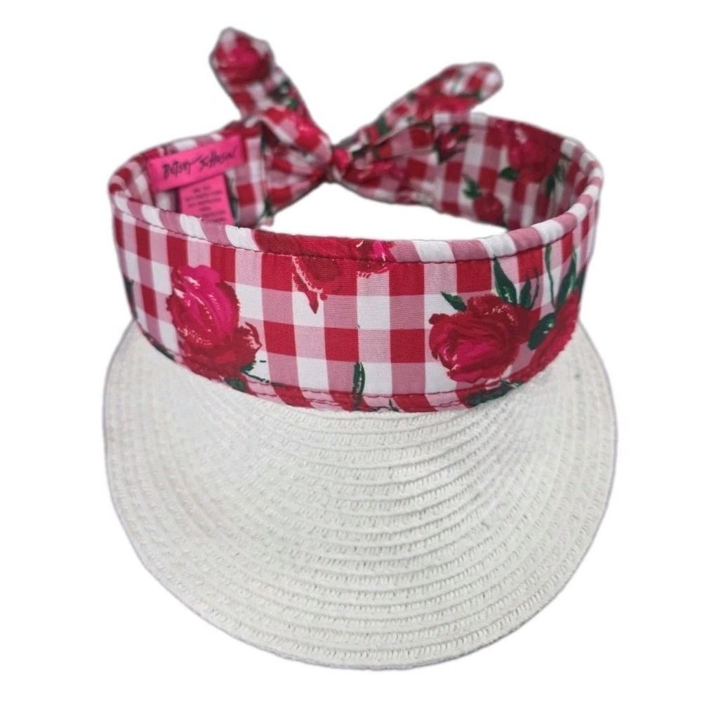 Betsey Johnson Gingham Rose Straw Sun Visor Hat Tie Back Bow Cottagecore Summer